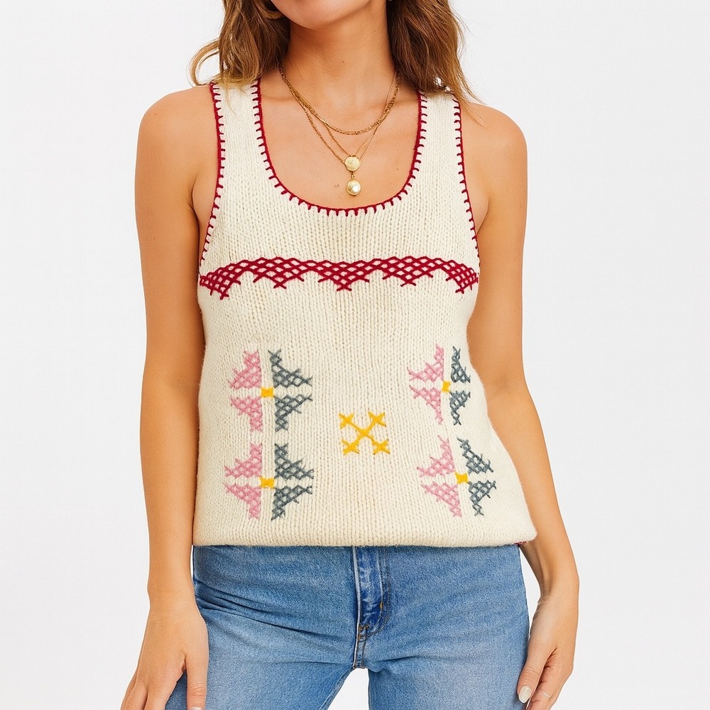 Vintage Charlies Girls Sweater Vest Tank‎ Top Embroidered Knit Cream 1970s S/M